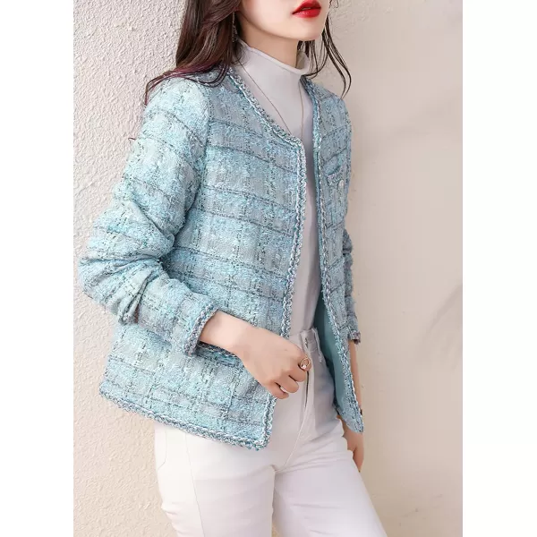 chouyatou Womens Elegant Open Front Tweed Jacket Slim Collarless Bussiness Casual Blazer JacketBlue