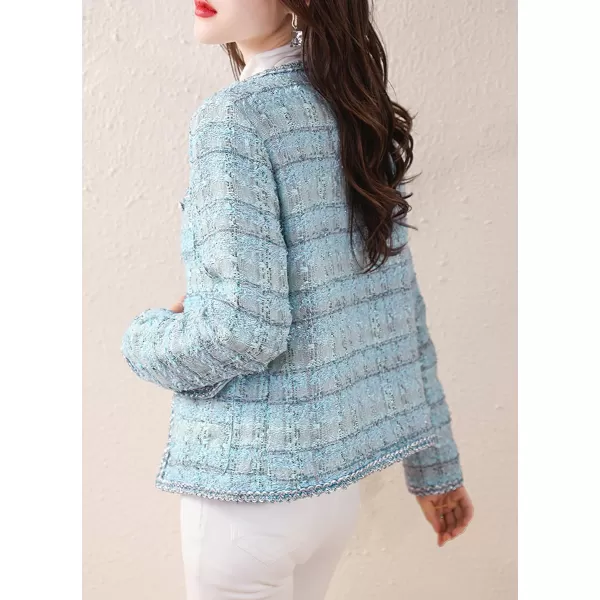 chouyatou Womens Elegant Open Front Tweed Jacket Slim Collarless Bussiness Casual Blazer JacketBlue
