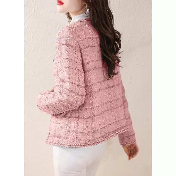 chouyatou Womens Elegant Open Front Tweed Jacket Slim Collarless Bussiness Casual Blazer JacketPink