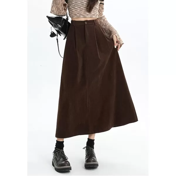 chouyatou Womens Fall Elastic High Waisted Corduroy Skirt ALine Pleated Winter Midi Long SkirtBrown