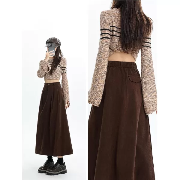 chouyatou Womens Fall Elastic High Waisted Corduroy Skirt ALine Pleated Winter Midi Long SkirtBrown