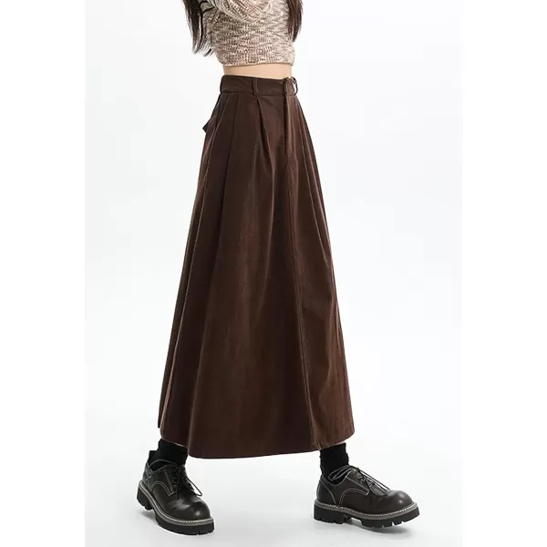 chouyatou Womens Fall Elastic High Waisted Corduroy Skirt ALine Pleated Winter Midi Long SkirtBrown