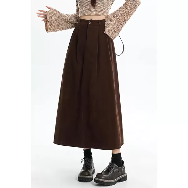 chouyatou Womens Fall Elastic High Waisted Corduroy Skirt ALine Pleated Winter Midi Long SkirtBrown
