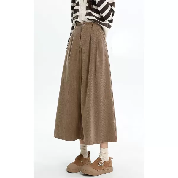 chouyatou Womens Fall Elastic High Waisted Corduroy Skirt ALine Pleated Winter Midi Long SkirtKhaki