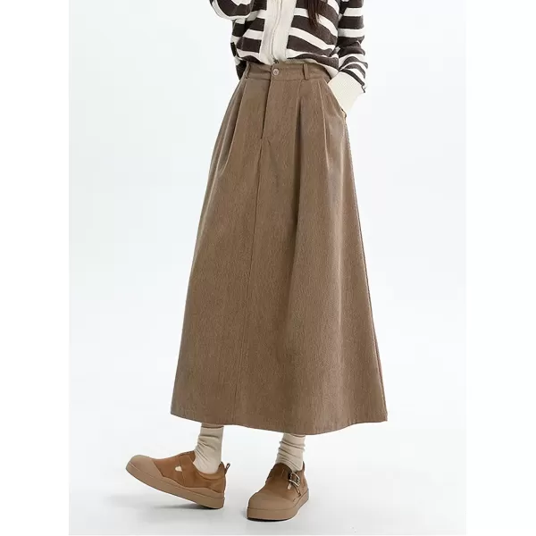 chouyatou Womens Fall Elastic High Waisted Corduroy Skirt ALine Pleated Winter Midi Long SkirtKhaki