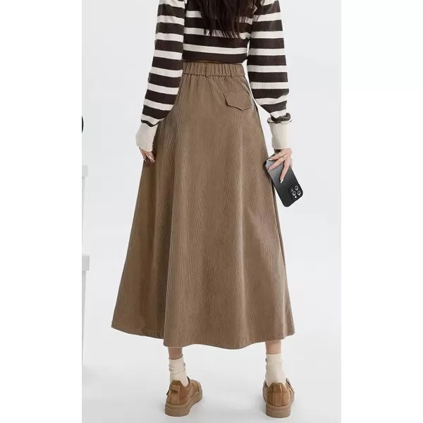 chouyatou Womens Fall Elastic High Waisted Corduroy Skirt ALine Pleated Winter Midi Long SkirtKhaki