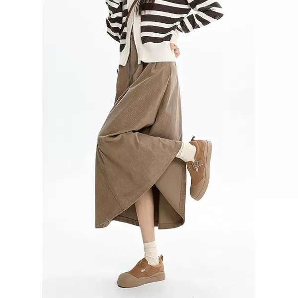 chouyatou Womens Fall Elastic High Waisted Corduroy Skirt ALine Pleated Winter Midi Long SkirtKhaki