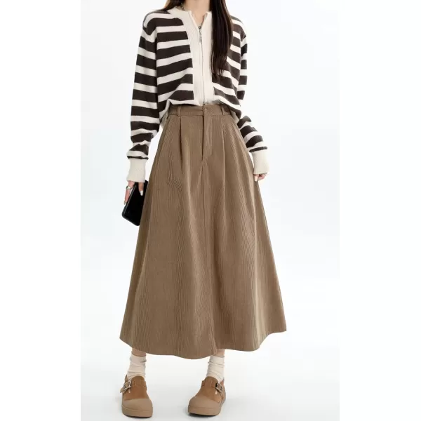 chouyatou Womens Fall Elastic High Waisted Corduroy Skirt ALine Pleated Winter Midi Long SkirtKhaki