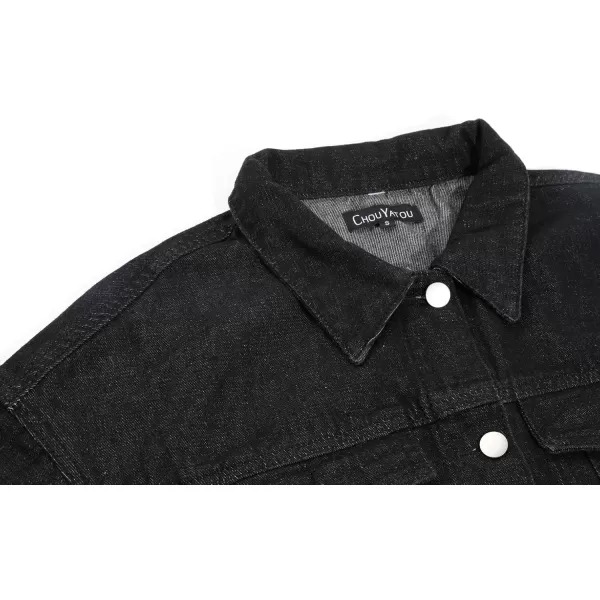 chouyatou Womens Fashion Spring Button Down Midi Long Denim Jean Jacket Trench CoatBlack