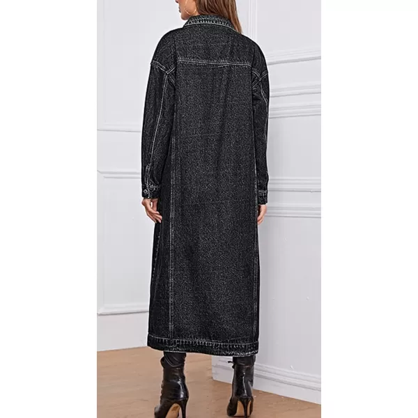 chouyatou Womens Fashion Spring Button Down Midi Long Denim Jean Jacket Trench CoatBlack