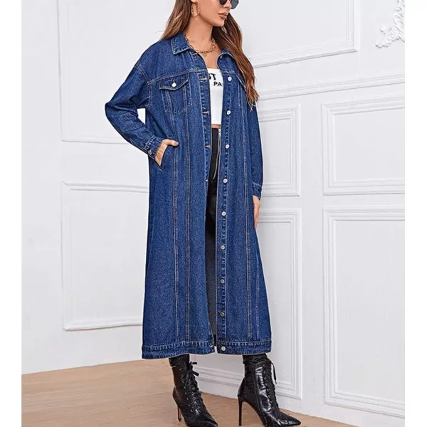 chouyatou Womens Fashion Spring Button Down Midi Long Denim Jean Jacket Trench CoatBlue
