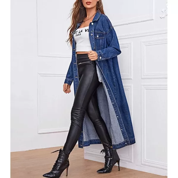 chouyatou Womens Fashion Spring Button Down Midi Long Denim Jean Jacket Trench CoatBlue