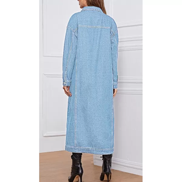 chouyatou Womens Fashion Spring Button Down Midi Long Denim Jean Jacket Trench CoatLight Blue