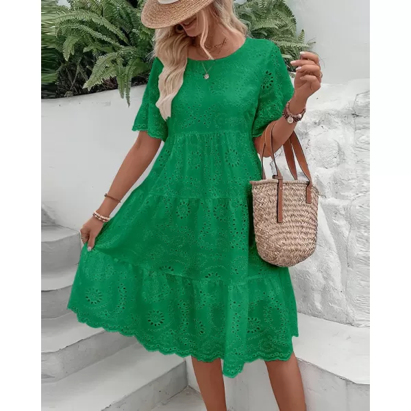 chouyatou Womens Lace Eyelet Short Sleeve Tiered Midi Long Dress Ruffle Hem Babydoll Short DressGreen