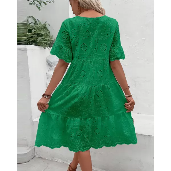 chouyatou Womens Lace Eyelet Short Sleeve Tiered Midi Long Dress Ruffle Hem Babydoll Short DressGreen