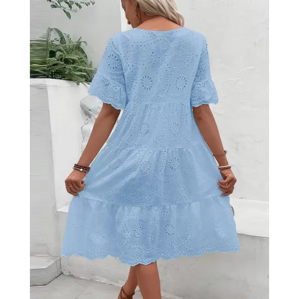chouyatou Womens Lace Eyelet Short Sleeve Tiered Midi Long Dress Ruffle Hem Babydoll Short DressLight Blue