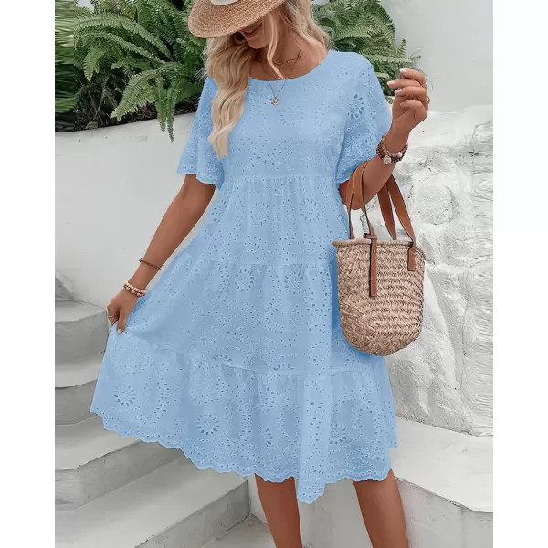 chouyatou Womens Lace Eyelet Short Sleeve Tiered Midi Long Dress Ruffle Hem Babydoll Short DressLight Blue