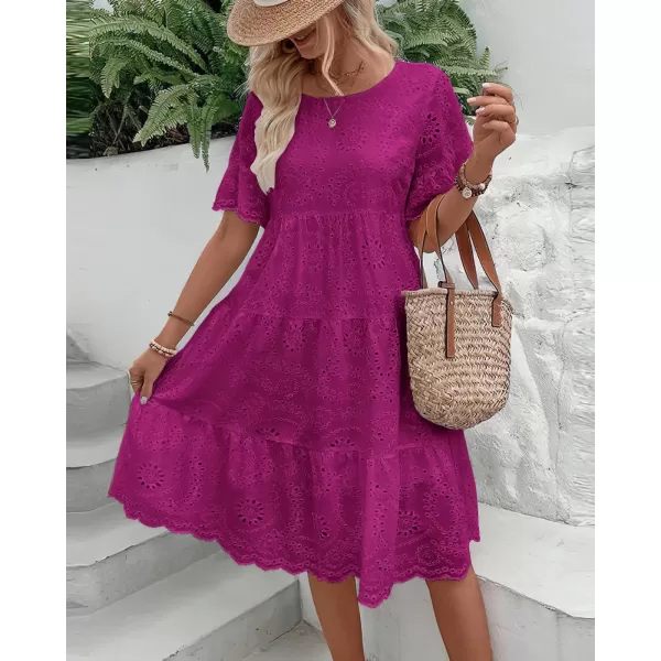 chouyatou Womens Lace Eyelet Short Sleeve Tiered Midi Long Dress Ruffle Hem Babydoll Short DressPurple