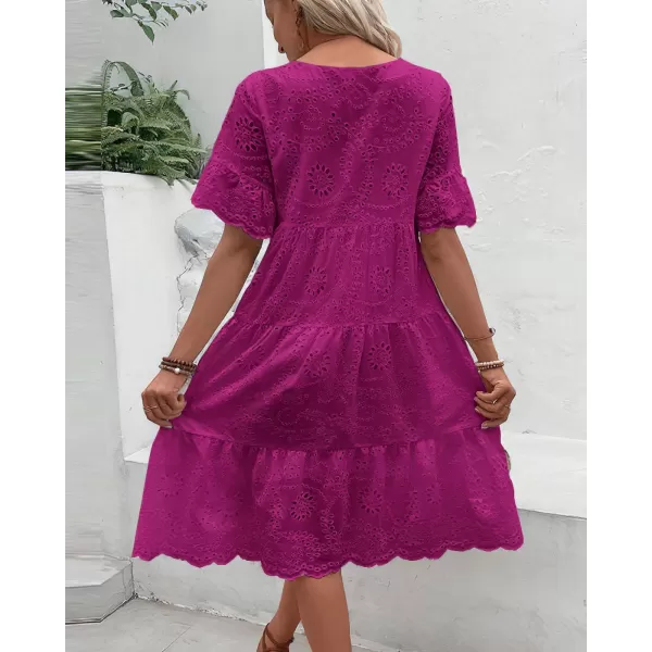 chouyatou Womens Lace Eyelet Short Sleeve Tiered Midi Long Dress Ruffle Hem Babydoll Short DressPurple