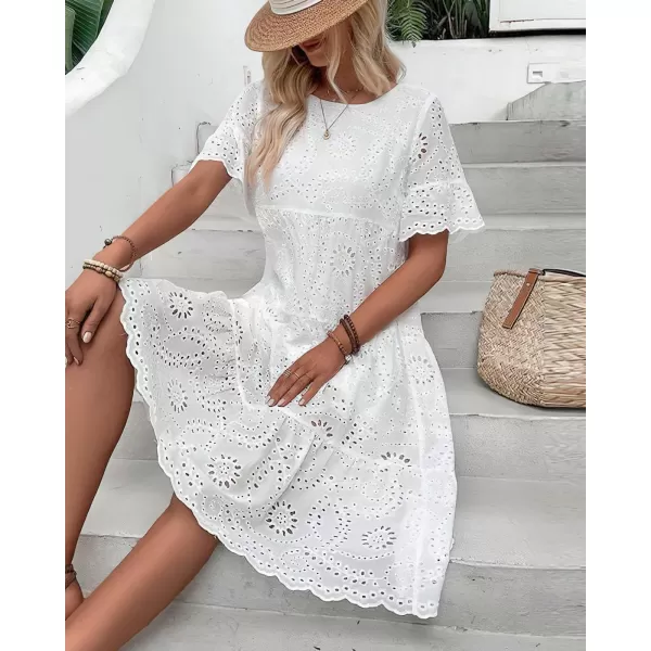 chouyatou Womens Lace Eyelet Short Sleeve Tiered Midi Long Dress Ruffle Hem Babydoll Short DressWhite
