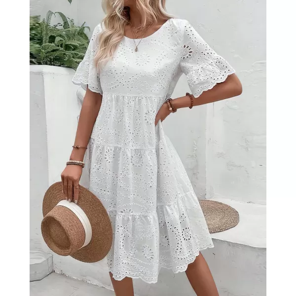 chouyatou Womens Lace Eyelet Short Sleeve Tiered Midi Long Dress Ruffle Hem Babydoll Short DressWhite