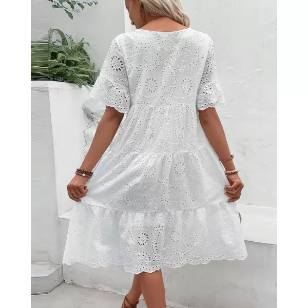 chouyatou Womens Lace Eyelet Short Sleeve Tiered Midi Long Dress Ruffle Hem Babydoll Short DressWhite