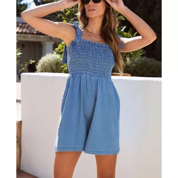 chouyatou Womens Smocked Denim Romper Shorts Cute Tie Knot Strap Wide Leg Pocketed JumpsuitBlue
