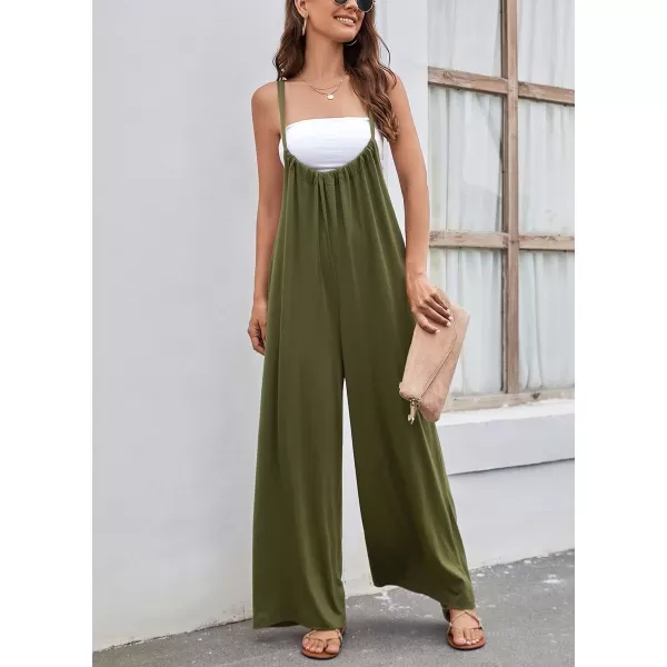 chouyatou Womens Spaghetti Strap Suspender Wide Leg Romper Jumpsuit Pants with PocketsArmy Green