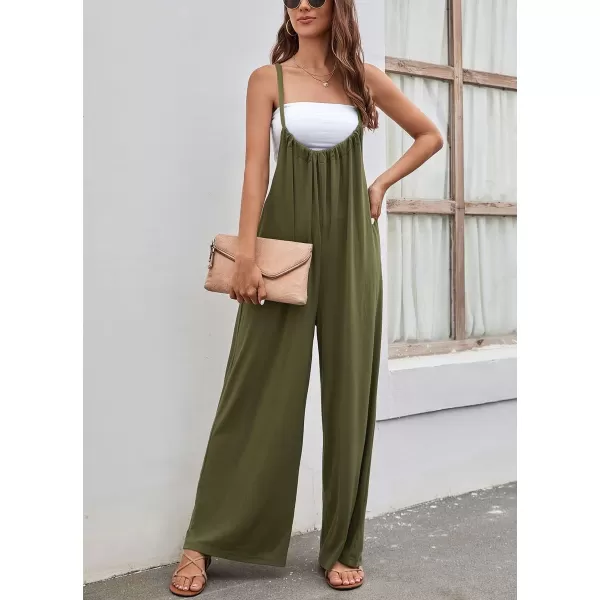 chouyatou Womens Spaghetti Strap Suspender Wide Leg Romper Jumpsuit Pants with PocketsArmy Green