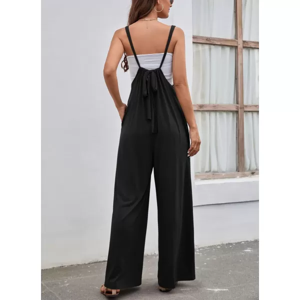 chouyatou Womens Spaghetti Strap Suspender Wide Leg Romper Jumpsuit Pants with PocketsBlack