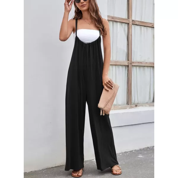 chouyatou Womens Spaghetti Strap Suspender Wide Leg Romper Jumpsuit Pants with PocketsBlack