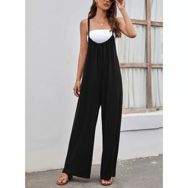 chouyatou Womens Spaghetti Strap Suspender Wide Leg Romper Jumpsuit Pants with PocketsBlack