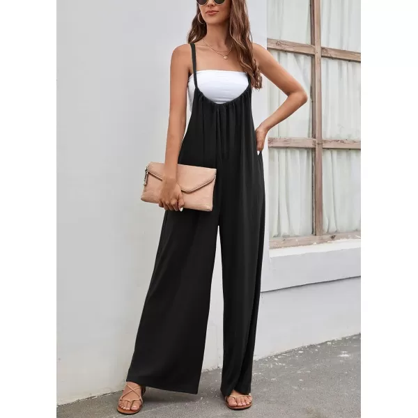 chouyatou Womens Spaghetti Strap Suspender Wide Leg Romper Jumpsuit Pants with PocketsBlack