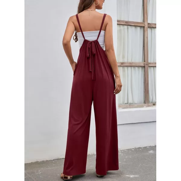 chouyatou Womens Spaghetti Strap Suspender Wide Leg Romper Jumpsuit Pants with PocketsWine Red