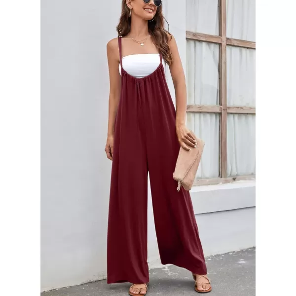 chouyatou Womens Spaghetti Strap Suspender Wide Leg Romper Jumpsuit Pants with PocketsWine Red