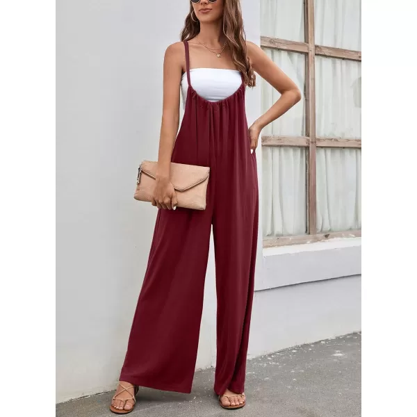 chouyatou Womens Spaghetti Strap Suspender Wide Leg Romper Jumpsuit Pants with PocketsWine Red