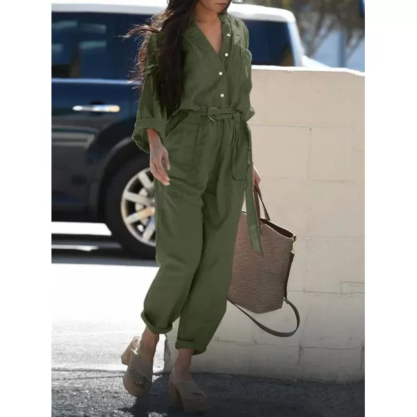 chouyatou Womens Spring Summer Long Sleeve Jumpsuits Casual Utility Jumpsuits Romper PantsArmy Green