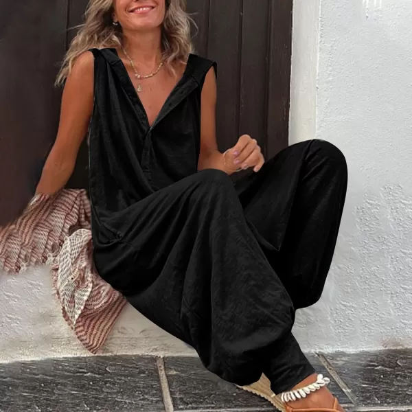 chouyatou Womens Summer Casual Hooded Jumpsuit Loose Half Button Tapered Leg Romper Overall PantsBlack