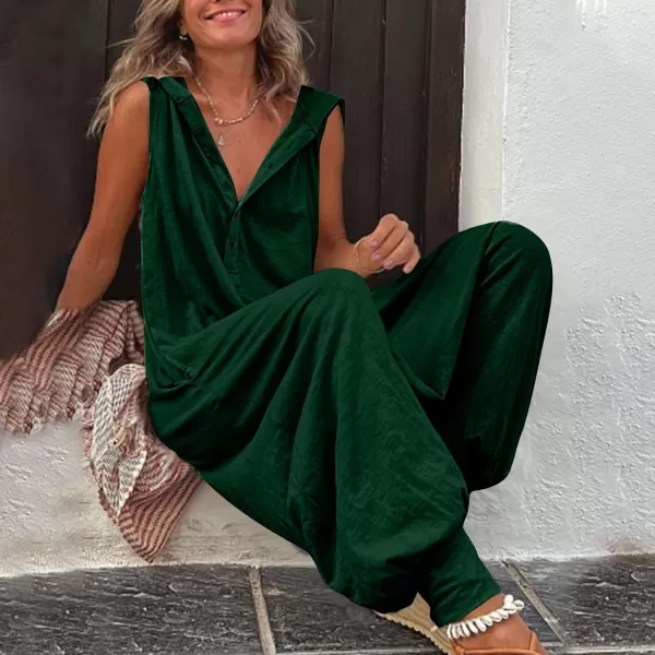 chouyatou Womens Summer Casual Hooded Jumpsuit Loose Half Button Tapered Leg Romper Overall PantsBlackish Green