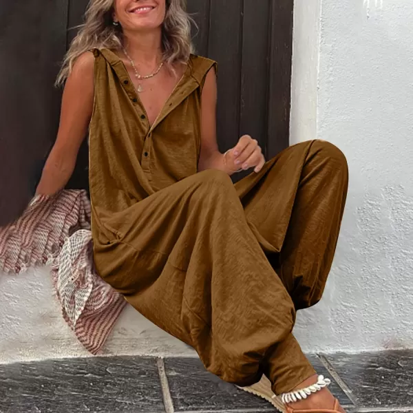 chouyatou Womens Summer Casual Hooded Jumpsuit Loose Half Button Tapered Leg Romper Overall PantsBrown