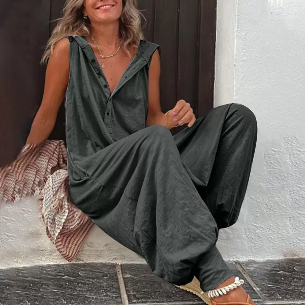 chouyatou Womens Summer Casual Hooded Jumpsuit Loose Half Button Tapered Leg Romper Overall PantsDark Grey