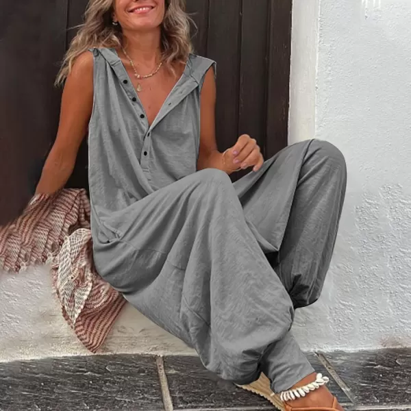 chouyatou Womens Summer Casual Hooded Jumpsuit Loose Half Button Tapered Leg Romper Overall PantsGrey