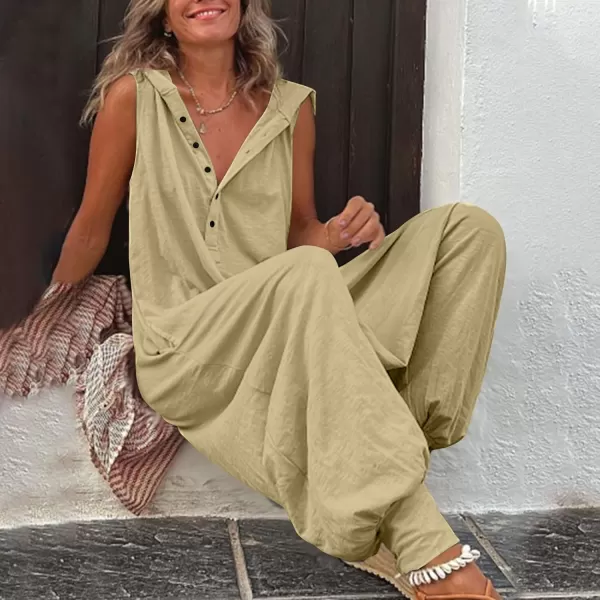 chouyatou Womens Summer Casual Hooded Jumpsuit Loose Half Button Tapered Leg Romper Overall PantsKhaki