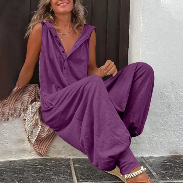 chouyatou Womens Summer Casual Hooded Jumpsuit Loose Half Button Tapered Leg Romper Overall PantsPurple