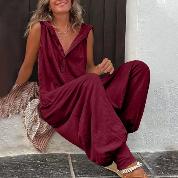 chouyatou Womens Summer Casual Hooded Jumpsuit Loose Half Button Tapered Leg Romper Overall PantsWine Red