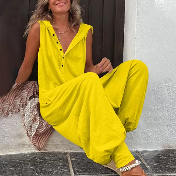 chouyatou Womens Summer Casual Hooded Jumpsuit Loose Half Button Tapered Leg Romper Overall PantsYellow