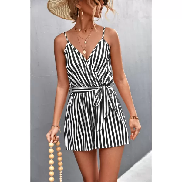 chouyatou Womens Summer Casual V Neck Romper Sleeveless Tie Waist Striped Camisole Short JumpsuitBlack