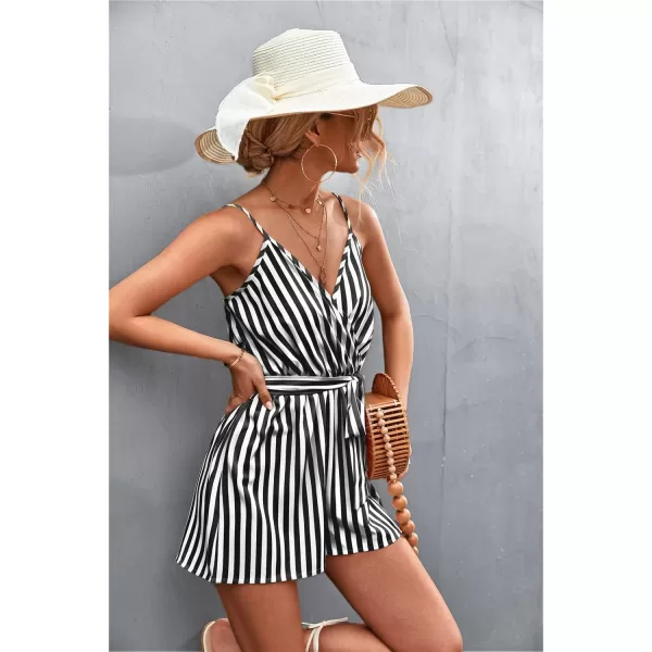 chouyatou Womens Summer Casual V Neck Romper Sleeveless Tie Waist Striped Camisole Short JumpsuitBlack