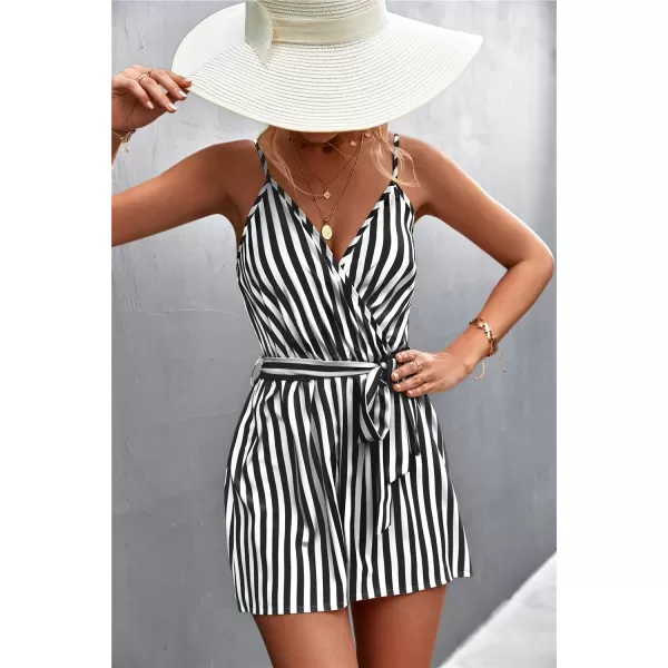 chouyatou Womens Summer Casual V Neck Romper Sleeveless Tie Waist Striped Camisole Short JumpsuitBlack