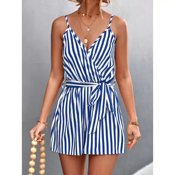 chouyatou Womens Summer Casual V Neck Romper Sleeveless Tie Waist Striped Camisole Short JumpsuitBlue